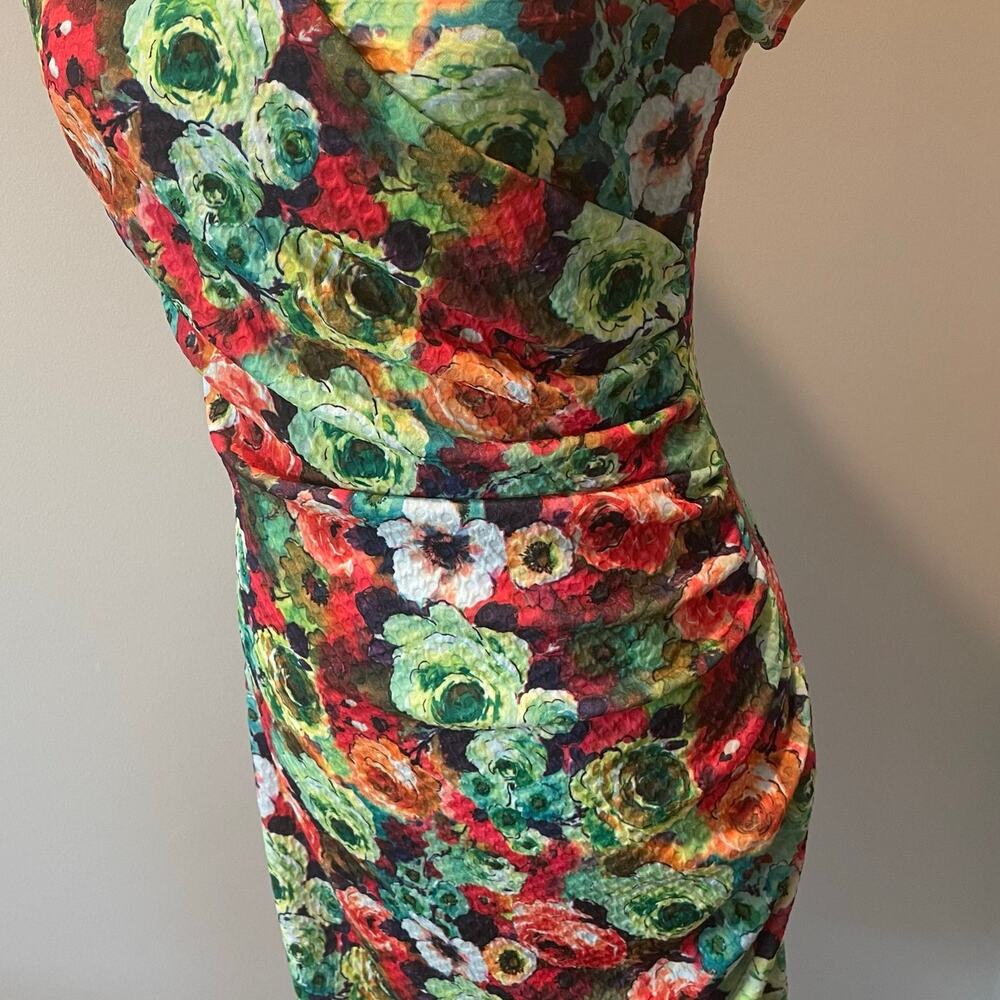 Joseph Ribkoff Sheath Floral Dress Sz 8 Colorful Ruched Stretchy V-Neck Chic - Picture 7 of 13